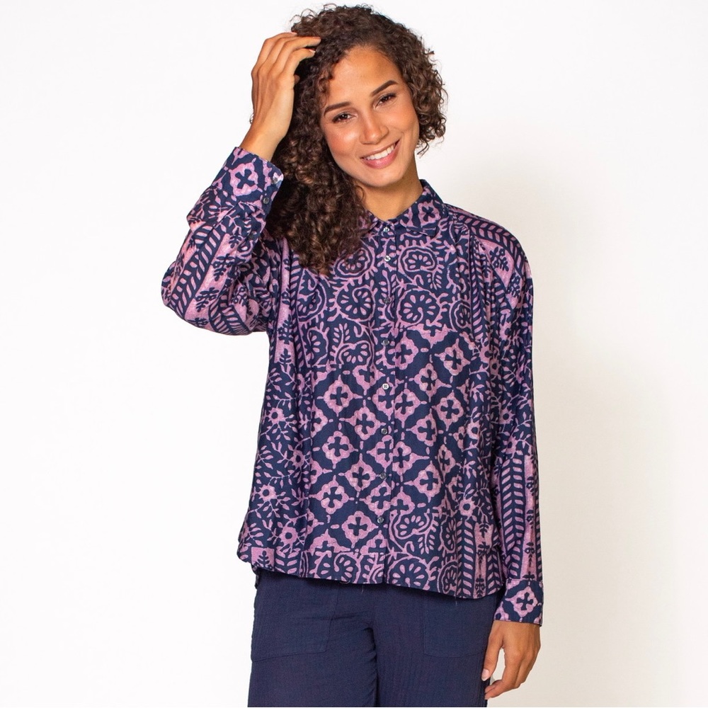 Xírena Ikat Long Sleeve Button Up Shirt Blouse Kiran Cotton Silk Purple Blue S - Picture 10 of 10